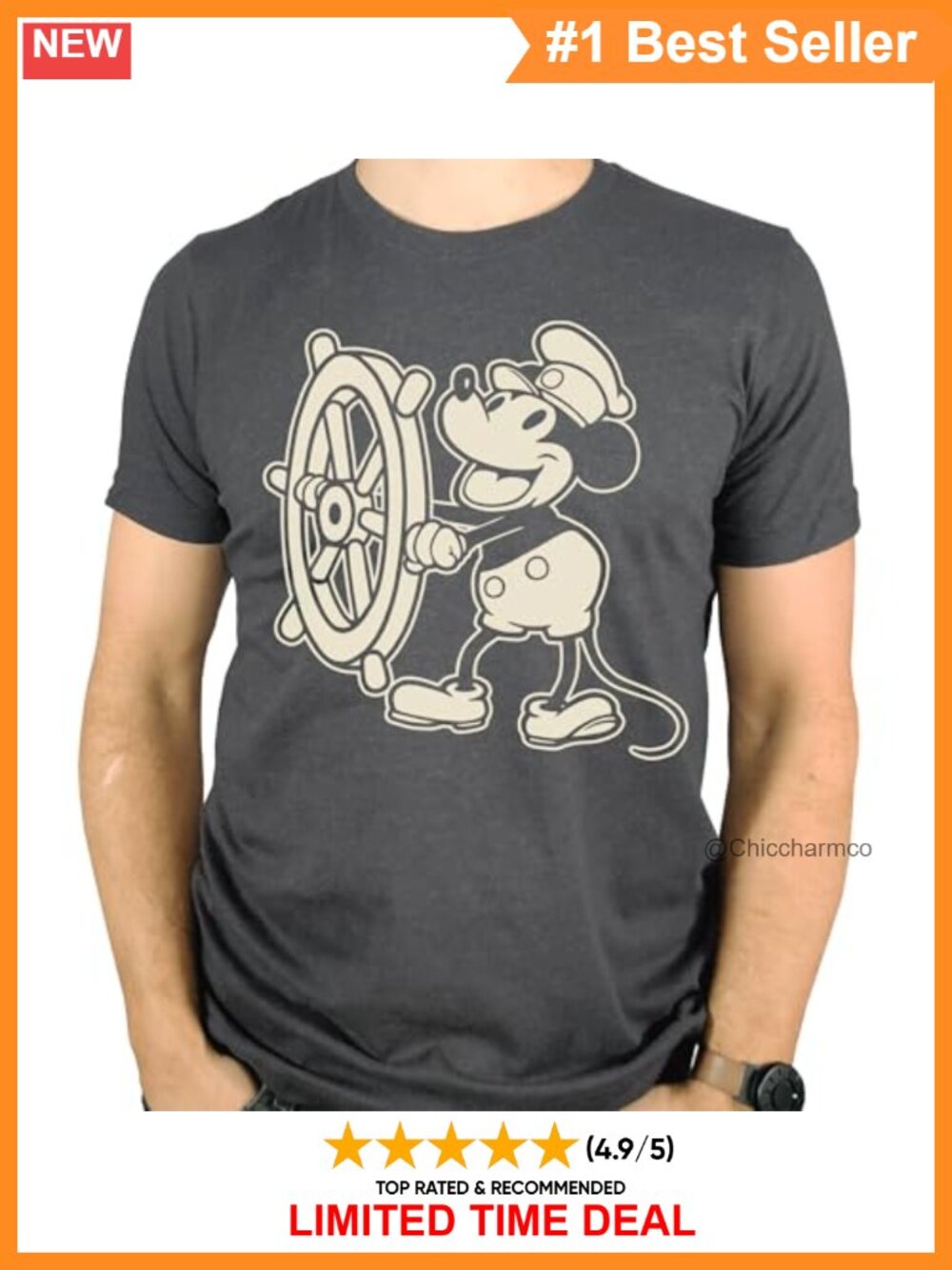 SCOBAR Steamboat Willie Cartoon Graphic Tee Cotton Poly Crew Neck